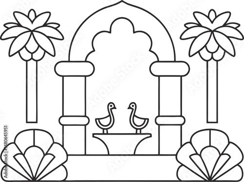 Indian architecture line art illustration outline drawing of a mughal arch with palm trees and a fountain with two birds