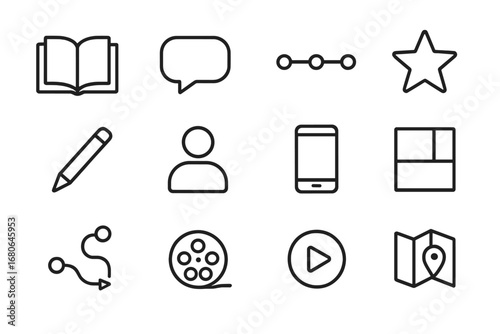 Interactive Story Icons. Outline icon set of interactive storytelling: open book, chat bubble, timeline, star,