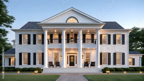 Grand white southern colonial mansion with columns and shutters at dusk
