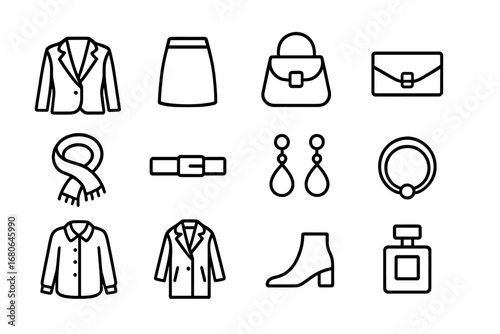 Fashion Icon Grid. Outline icon set of boutique outfit styling: blazer, skirt, handbag, clutch, scarf, belt,