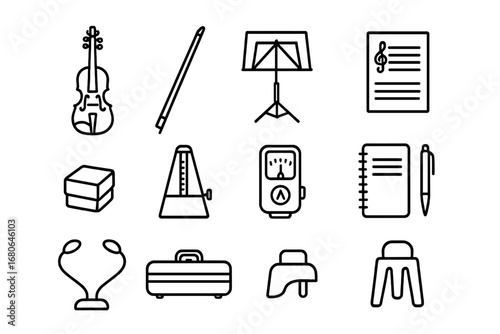 Music Learning Icons. Outline icon set of music learning essentials: violin, bow, music stand, sheet music,