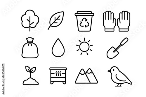 Environmental Icons Grid. Outline icon set of environmental volunteering: tree, leaf, recycling bin, gloves,