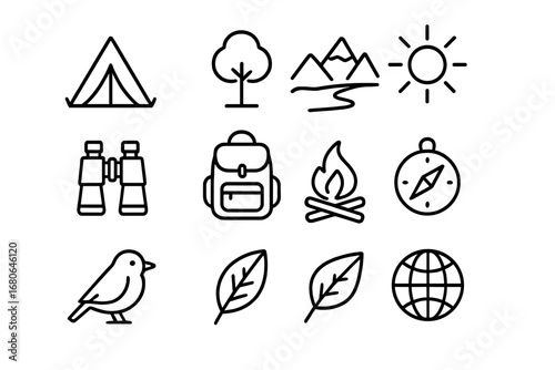 Eco-Tourism Icon Set. Outline icon set of eco-tourism volunteering: tent, tree, mountain, river, sun,