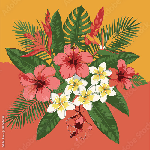 Tropical flower bouquet design with vibrant colors in a decorative setting. Lush blooms and foliage with an array of exotic flowers and leaves against a gradient background.