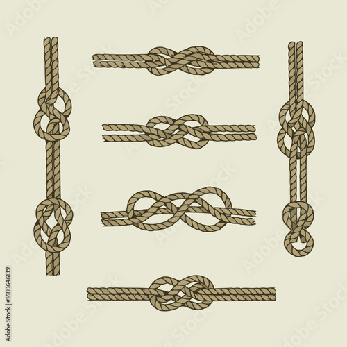 Nautical rope knots in various designs on a textured background. Decorative illustrations of different rope knots for design elements.