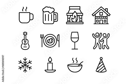 Après-Ski Icons. Outline icon set of après-ski culture: hot drink, beer mug, fireplace, chalet, guitar, food