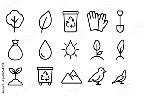 Environmental Icons Grid. Outline icon set of environmental volunteering: tree, leaf, recycling bin, gloves,
