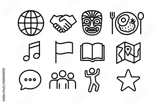 Cultural Exchange Icons. Outline icon set of cultural exchange volunteering: globe, handshake, traditional