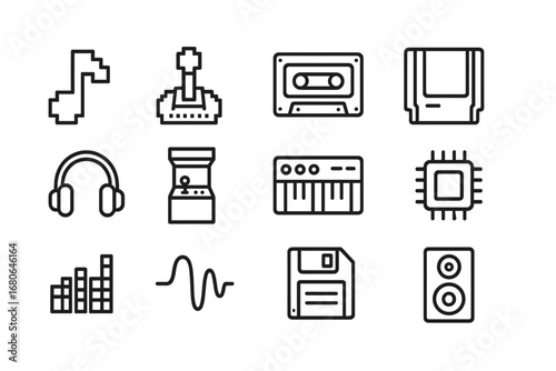 Retro Game Music Icons. Outline icon set of retro game music: 8-bit note, pixel joystick, cassette tape, game