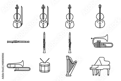 Orchestra Instruments Icons. Outline icon set of symphony orchestra instruments: violin, viola, cello, double