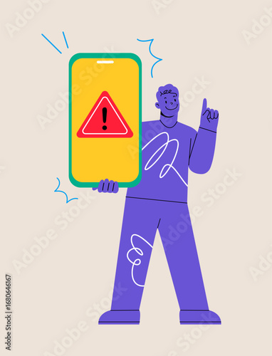 Phone warning concept. Man holding big phone. Colorful vector illustration