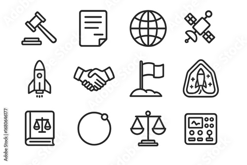 Space Law Icons. Outline icon set of space policy and law: gavel, document, globe, satellite, rocket,