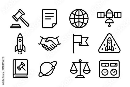 Space Law Icons. Outline icon set of space policy and law: gavel, document, globe, satellite, rocket,
