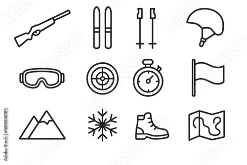 Biathlon Icon Set. Outline icon set of biathlon: rifle, skis, poles, helmet, goggles, target, stopwatch, flag,