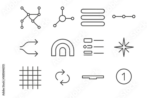 Subway Map Icons. Outline icon set of subway network maps: line diagram, interchange node, colored lines,