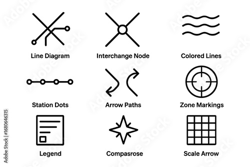 Subway Map Icons. Outline icon set of subway network maps: line diagram, interchange node, colored lines,