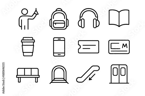 Subway Commute Icons. Outline icon set of commuter life in subway: passenger, backpack, headphones, book,