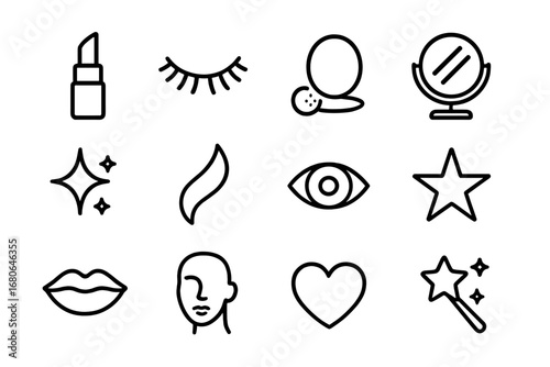 Beauty Filter Icons. Outline icon set of beauty filters: lipstick, eyelashes, blush, mirror, sparkle, hair