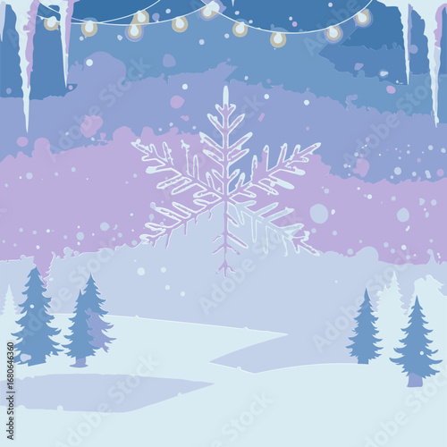 Winter wonderland scene with snowflake graphic in snowy landscape. Detailed snowflake illustration with wintery landscape background.