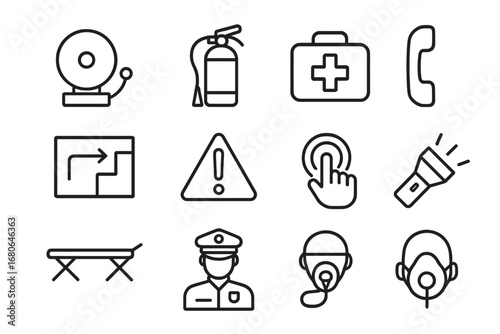 Subway Emergency Icons. Outline icon set of subway emergencies: alarm bell, fire extinguisher, first aid kit,
