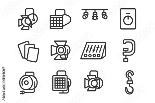 Stage Lighting Icons. Outline icon set of stage lighting setup: spotlight, floodlight, lighting grid, dimmer