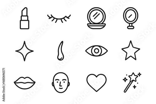 Beauty Filter Icons. Outline icon set of beauty filters: lipstick, eyelashes, blush, mirror, sparkle, hair