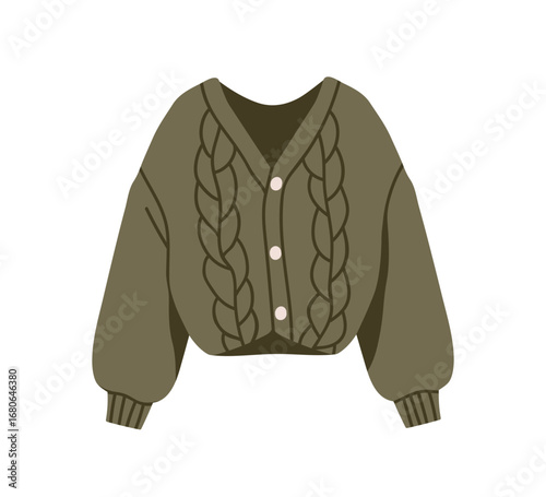 Warm knitted cardigan with cable knit pattern. Cozy woolen clothing with butt...