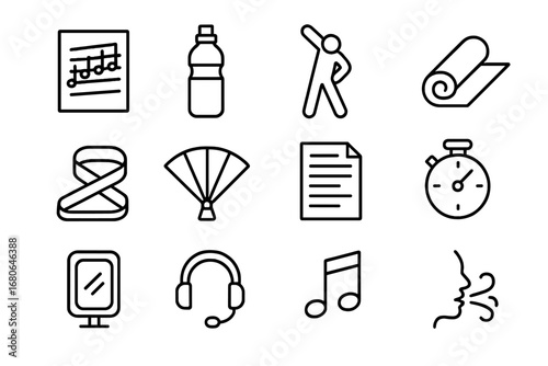 Actor Warm-Up Icons. Outline icon set of actor warm-up exercises: vocal scale sheet, water bottle, stretching