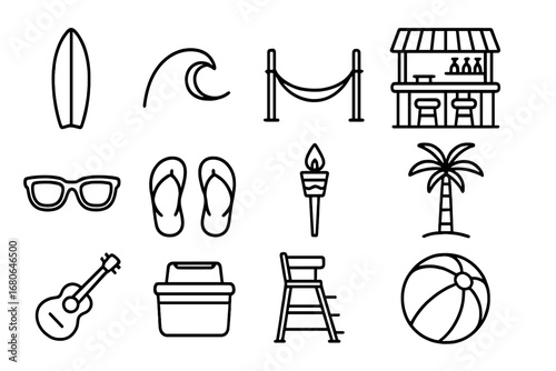 Surfing Lifestyle Icons. Outline icon set of surfing lifestyle: surfboard, wave, hammock, beach bar,