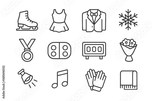 Ice Dancing Icons. Outline icon set of ice dancing: ice skates, costume dress, tuxedo, snowflake, medal, rink,