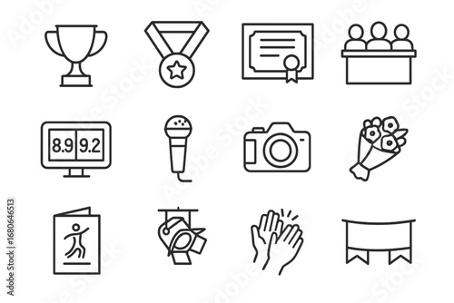 Dance Icons Set. Outline icon set of dance competition events: trophy, medal, certificate, judge panel,