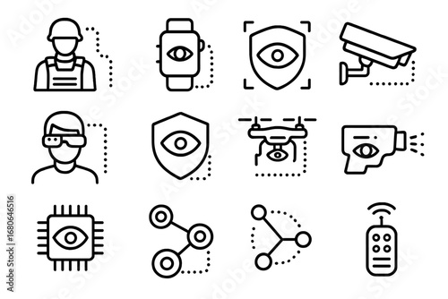 Invisibility Tech Icons. Outline icon set of invisibility technology applications: stealth military gear, spy
