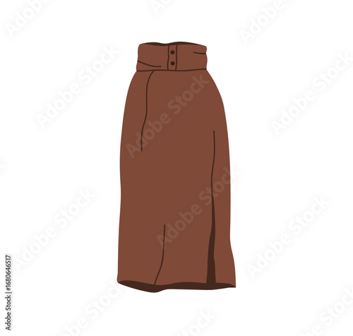 Long midi skirt with side slit, wide waistband. High-waist feminine clothing, female apparel. Modern style women garment, elegant casual wear. Flat vector illustration isolated on white background