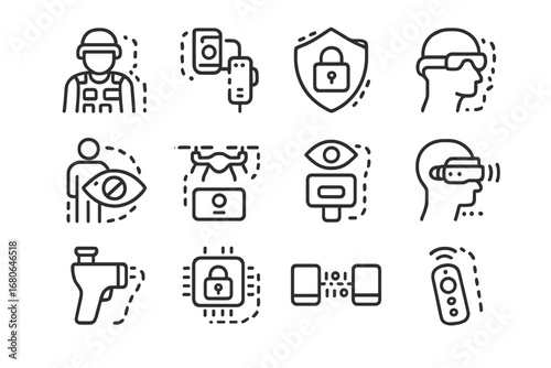 Invisibility Tech Icons. Outline icon set of invisibility technology applications: stealth military gear, spy