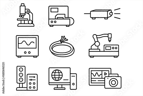 Invisibility Research Icon Set. Outline icon set of invisibility research tools: electron microscope,
