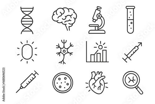 Bioluminescence Research Icons. Outline icon set of bioluminescence in medical research: DNA strand, brain,