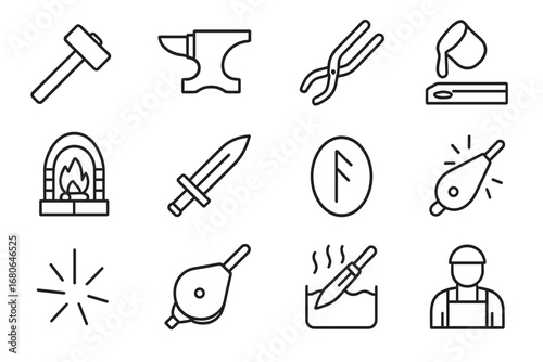 Sword Forging Icons. Outline icon set of sword forging: hammer, anvil, tongs, molten metal, furnace, blade,