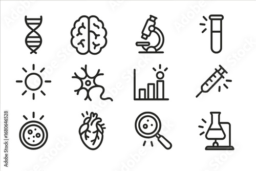 Bioluminescence Research Icons. Outline icon set of bioluminescence in medical research: DNA strand, brain,