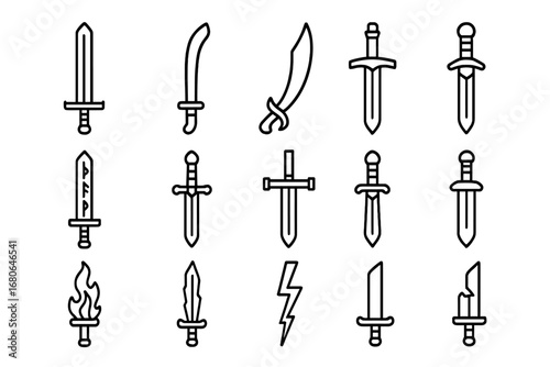 Legendary Swords Icons. Outline icon set of legendary swords: broadsword, katana, scimitar, double-edged blade