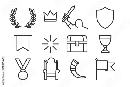 Warrior Victory Icons. Outline icon set of warrior victory: laurel wreath, crown, sword raised, shield, banner
