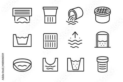 Stormwater Infrastructure Icons. Outline icon set of stormwater drainage infrastructure: storm drain, catch