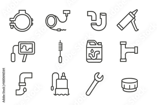 Drainage Repair Icons. Outline icon set of drainage repair and maintenance: pipe clamp, drain auger, pipe