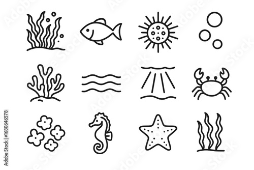 Underwater Icons Collection. Outline icon set of underwater kelp forest scenes: kelp forest canopy, fish, sea