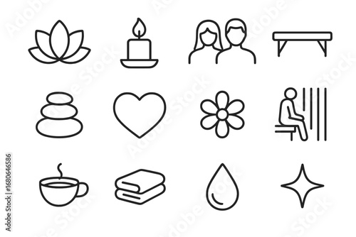 Spa Romance Icons. Outline icon set of spa retreat romance: lotus, candle, couple, massage table, hot stones,