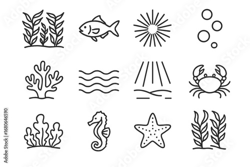 Underwater Icons Collection. Outline icon set of underwater kelp forest scenes: kelp forest canopy, fish, sea