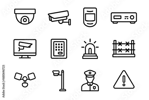Surveillance Hardware Icons. Outline icon set of surveillance hardware: dome camera, bullet camera, motion