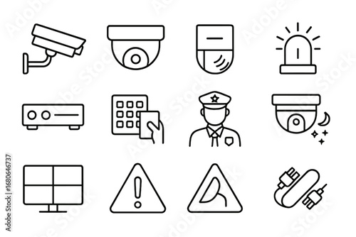 Security Camera Icons. Outline icon set of security camera setup in facility: surveillance camera, CCTV, dome