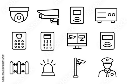 Surveillance Technology Icons. Outline icon set of facility surveillance technology: dome CCTV, bullet camera,