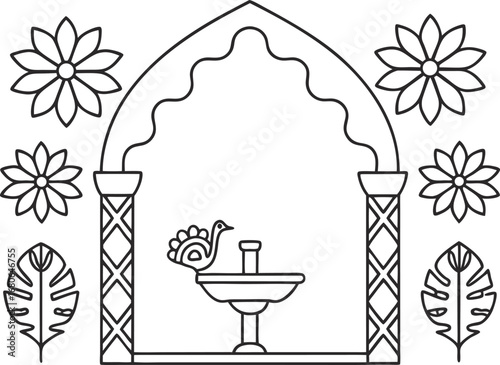 A line art illustration of an arched indian pavilion with flowers, leaves, and a bird fountain, for coloring book
