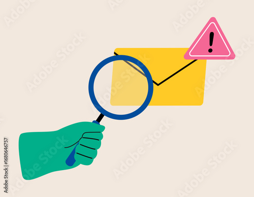 Hand holding magnifying glass from envelope with warning and alert notification. Spam email concept. Colorful vector illustration